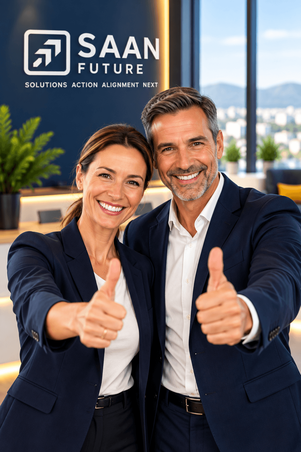 Zwei zufriedene Ansprechpartner von SAAN Future geben Daumen hoch.