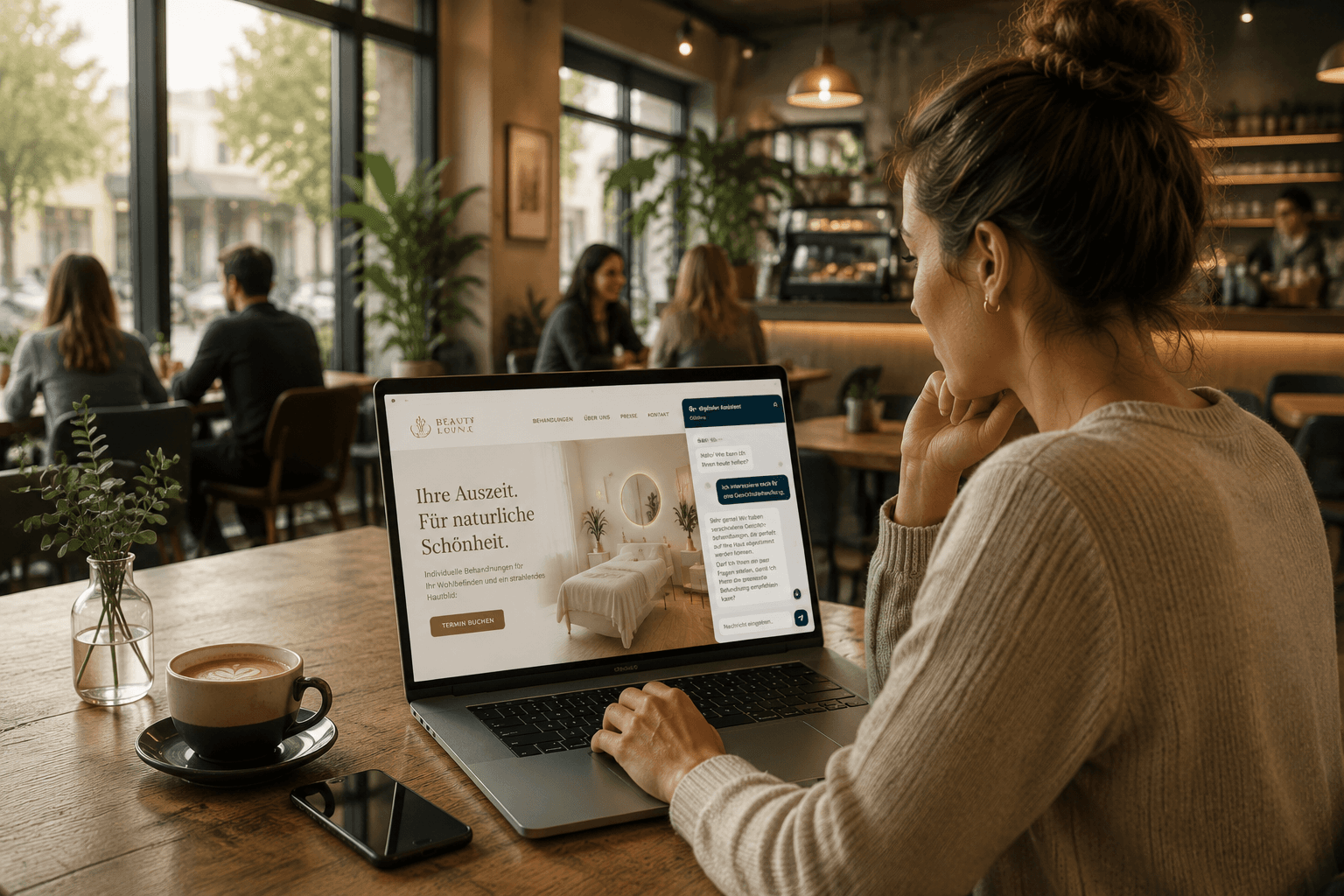 Eine Frau sitzt mit ihrem Laptop in einem Café. Auf dem Bildschirm ist die Website eines Kosmetikstudios mit einem geöffneten Chat des digitalen Mitarbeiters zu sehen.