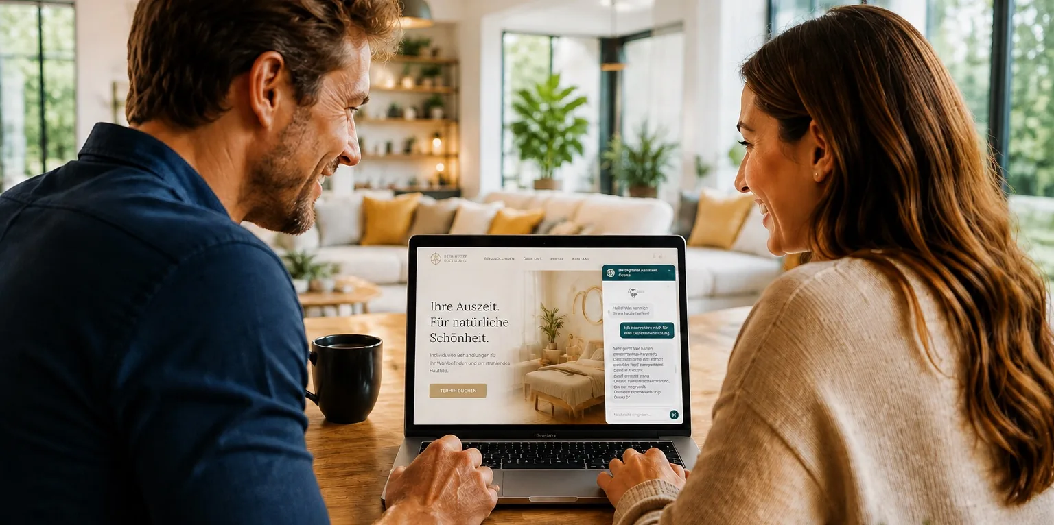 Paar am Laptop mit digitalem Assistenten auf der Website