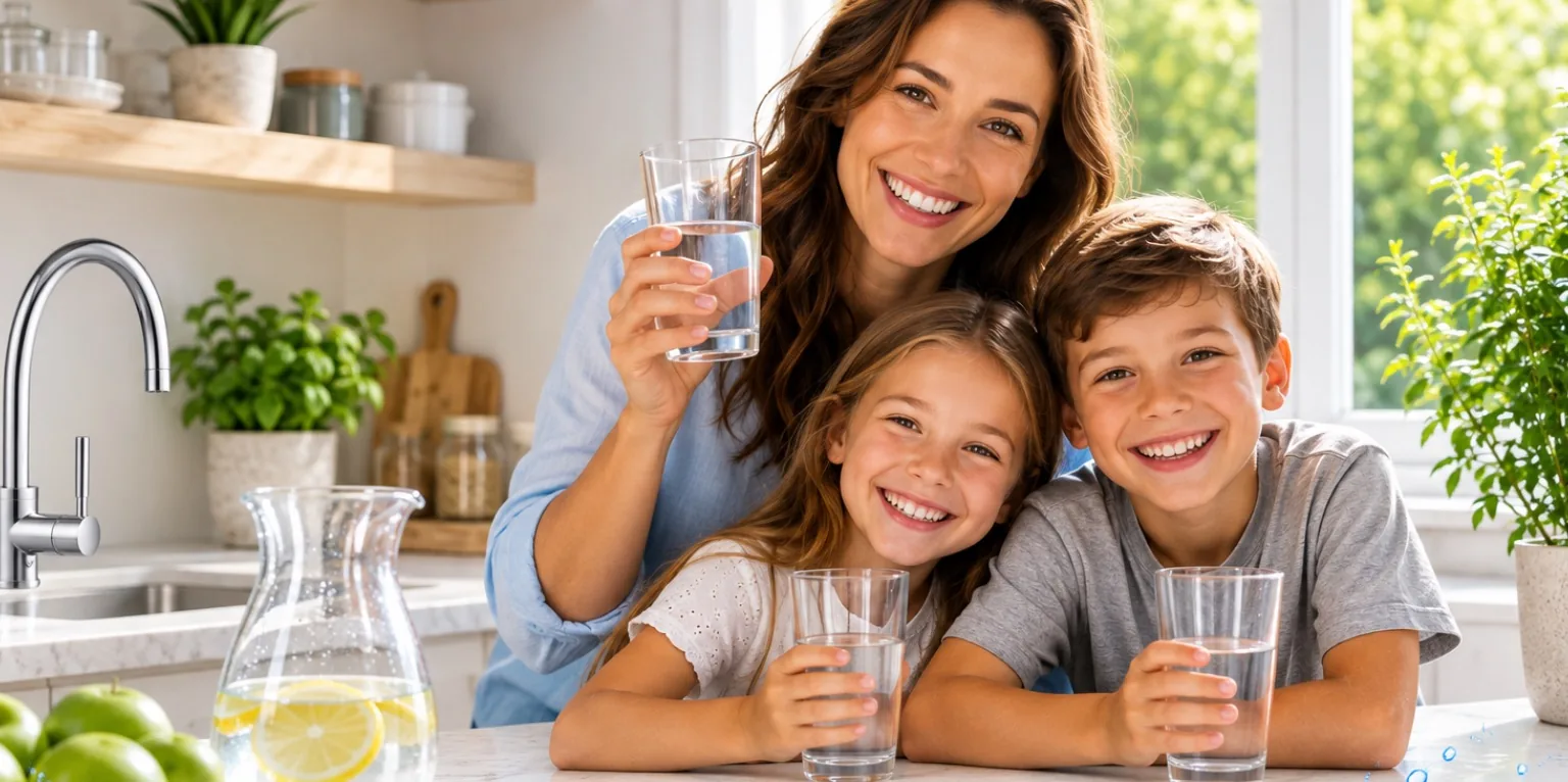 Familie in heller Küche mit Gläsern frischen Wassers